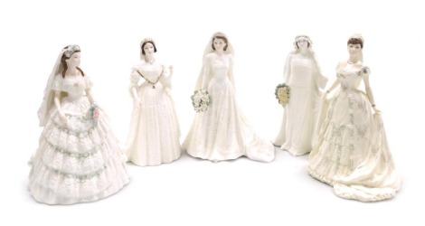 Five Coalport porcelain figures, comprising The Queen, Queen Victoria, Queen Mary, Princess Alexandra, and Queen Elizabeth The Queen Mother, all limited edition, for Compton & Woodhouse.