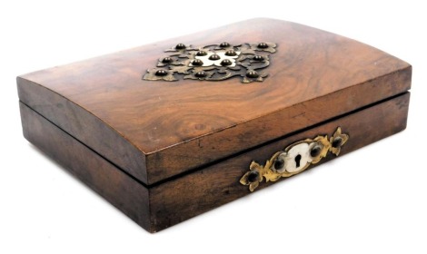 A Victorian walnut brass and bone bound playing card box, with a four division interior, containing playing cards, and four Goodall bezique registers, 23.5cm wide.