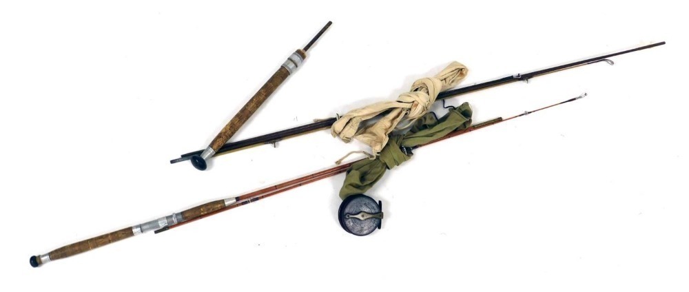 A German tank aerial fishing rod, fibre glass spinning rod and a