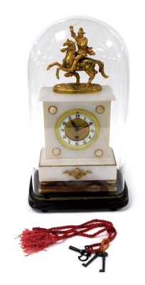 A late 19thC French alabaster and gilt metal mantel clock, circular brass dial with enamel chapter ring bearing Arabic numerals, thirty hour movement, the case surmounted by a French warrior on horseback, the case of rectangular form, raised on turned bra