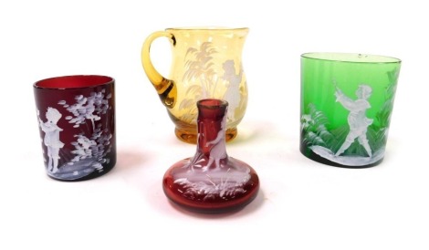 Four pieces of Mary Gregory type glassware, comprising an amber glass cream jug, green glass tumbler, ruby glass spill vase, and a cranberry glass vase.