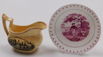 A group of 19thC pottery, including a Pratt ware pot lid, decorated with The room in which Shakespeare was born 1564, lustre cream jug printed with the Liverpool and Manchester Railway, Davenport blue and white child's teacup and saucer, etc. (a quantity) - 3