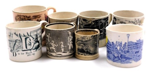 A group of 19thC pottery mugs, including a G H alphabet mug, printed with a gypsy and a hawker, another printed with C and D for Cat and Dash, a mug printed with Priest and Chinese, and another with Remember the Sabbath Day To Keep It Holy. (8)