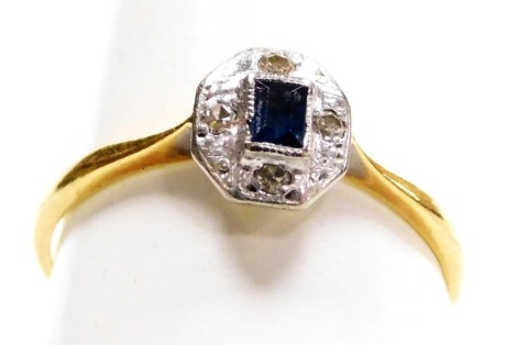 An Art Deco sapphire and diamond ring, in an octagonal basket setting, in yellow and white metal stamped 18ct and plat, size N, 1.8g.