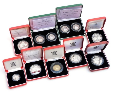 Two United Kingdom silver proof fifty pence two coin sets 1997, four silver proof crowns for the 70th Birthday of Queen Elizabeth II 1996, Golden Wedding Anniversary collection silver proof five pounds 1997, silver proof Piedfort 1996 and Piedfort fifty p