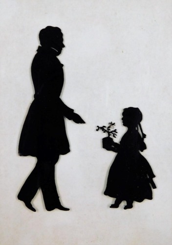 A Victorian silhouette picture, of a girl presenting a plant to a gentleman, in a rosewood frame, 16cm x 12cm.