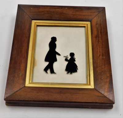 A Victorian silhouette picture, of a girl presenting a plant to a gentleman, in a rosewood frame, 16cm x 12cm. - 2