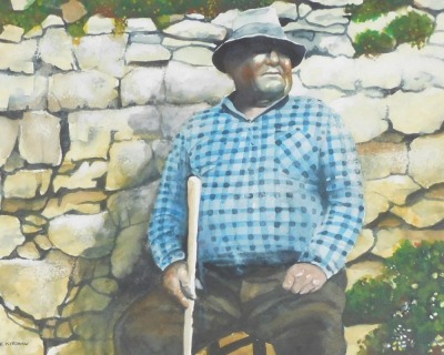 K Kershaw (British late 20thC), country gentleman seated with a stone wall behind, watercolour and body colour, signed, 34.5cm x 43cm.