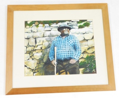 K Kershaw (British late 20thC), country gentleman seated with a stone wall behind, watercolour and body colour, signed, 34.5cm x 43cm. - 2