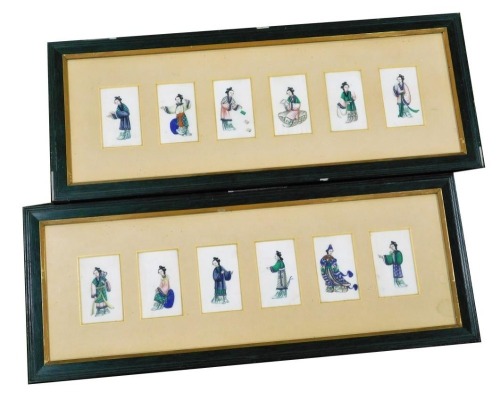 A series of late 19th/early 20thC Chinese painted studies of females, in various poses, all in traditional dress, painted on rice paper, 8.5cm x 5cm, framed in sets of six. (2)