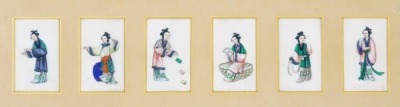 A series of late 19th/early 20thC Chinese painted studies of females, in various poses, all in traditional dress, painted on rice paper, 8.5cm x 5cm, framed in sets of six. (2) - 3