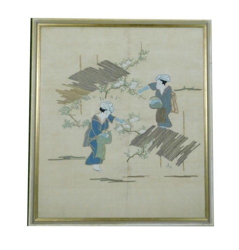 A Meiji period Japanese silk embroidered fukusa (gift cover), of two women picking leaves, in green and silk with gold highlights, 55cm x 47cm.