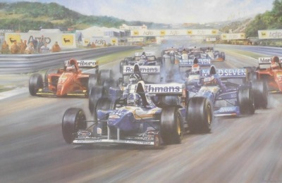 After Alan Fearnley (British b.1942). Triple Achievement, limited edition print 93/850, signed by the artist and David Coulthard, published by Grand Prix Sportique Ltd, 49.5cm x 69.5cm.