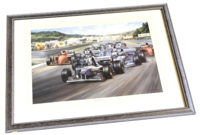 After Alan Fearnley (British b.1942). Triple Achievement, limited edition print 93/850, signed by the artist and David Coulthard, published by Grand Prix Sportique Ltd, 49.5cm x 69.5cm. - 2