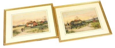 ? Henderson (British late 19th/early 20thC). Pair of farmyard scenes with figures, watercolours, signed indistinctly, 24cm x 34.5cm.