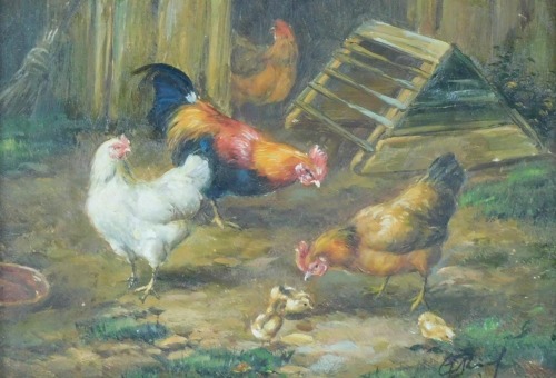 Late 20thC School. Chickens, cockerel, and chicks in a farmyard setting, oil on board, indistinctly signed, 1.5cm x 16.5cm.