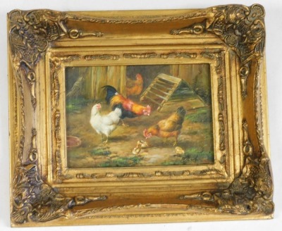 Late 20thC School. Chickens, cockerel, and chicks in a farmyard setting, oil on board, indistinctly signed, 1.5cm x 16.5cm. - 2