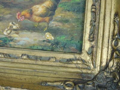 Late 20thC School. Chickens, cockerel, and chicks in a farmyard setting, oil on board, indistinctly signed, 1.5cm x 16.5cm. - 3