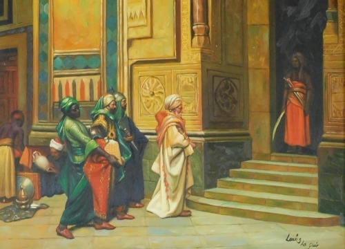 Louis La Flair (late 20thC). Turkish figures at the entrance to a palace, oil on board, signed, 29cm x 39.5cm.