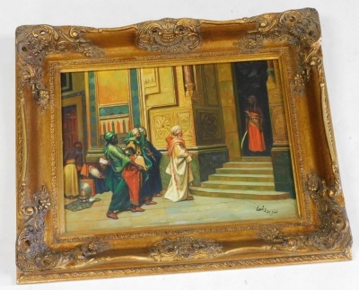 Louis La Flair (late 20thC). Turkish figures at the entrance to a palace, oil on board, signed, 29cm x 39.5cm. - 2