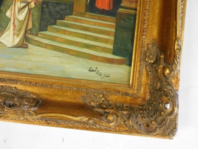 Louis La Flair (late 20thC). Turkish figures at the entrance to a palace, oil on board, signed, 29cm x 39.5cm. - 3