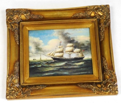 TS Robins (late 20thC). A clipper ship in choppy seas, oil on board, signed, 18.5cm x 24cm. - 2