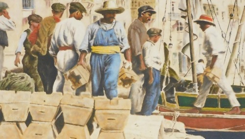 K Kershul (late 20thC). Continental port scene with figures, pastel, signed, 36.5cm x 61cm.