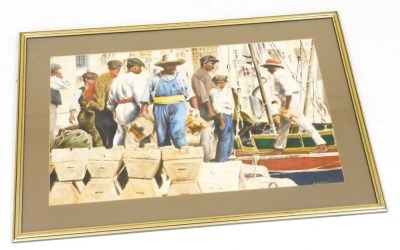 K Kershul (late 20thC). Continental port scene with figures, pastel, signed, 36.5cm x 61cm. - 2