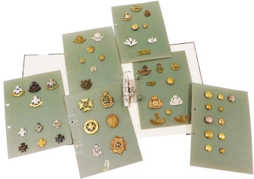 A group of military cap badges, including the Derbyshire Regiment, and Worcestershire Regiment, buttons and badges, in a lever arch file.