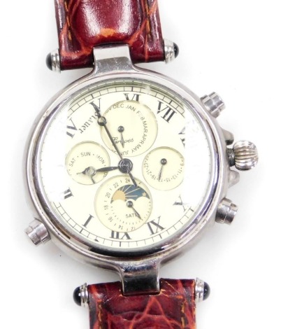 A Stauer gentleman's stainless steel cased chronograph wristwatch, circular dial bearing Roman numerals, subsidiary day, date, and moon phase dials, centre seconds, on a leather strap.