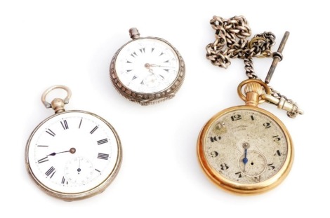 An Ingersoll gentleman's gold plated pocket watch, open faced, keyless wind, circular silvered dial bearing Arabic numerals, subsidiary seconds dial, on a silver curb link Albert chain, with T bar as fitted, together with a Continental pocket watch, open 