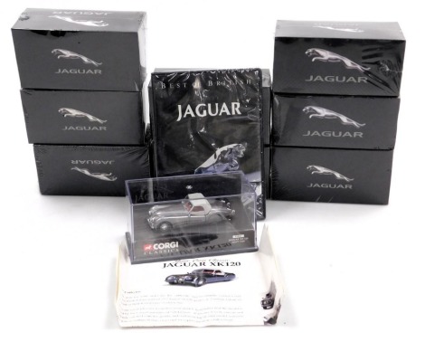 A Corgi diecast model of a Jaguar XK120 soft top, 030001, boxed, together with Atlas Editions models of Jaguar cars, boxed, unopened.