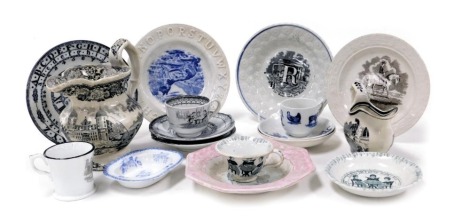 A group of early 19thC pottery, including nursery wares, a school clock plate, Copeland Spode blue and white cup and saucer decorated with animals, Ladies All I Pray Make Free, and Tell Me How You Like Your Tea tea cup and saucer, further cups and saucers