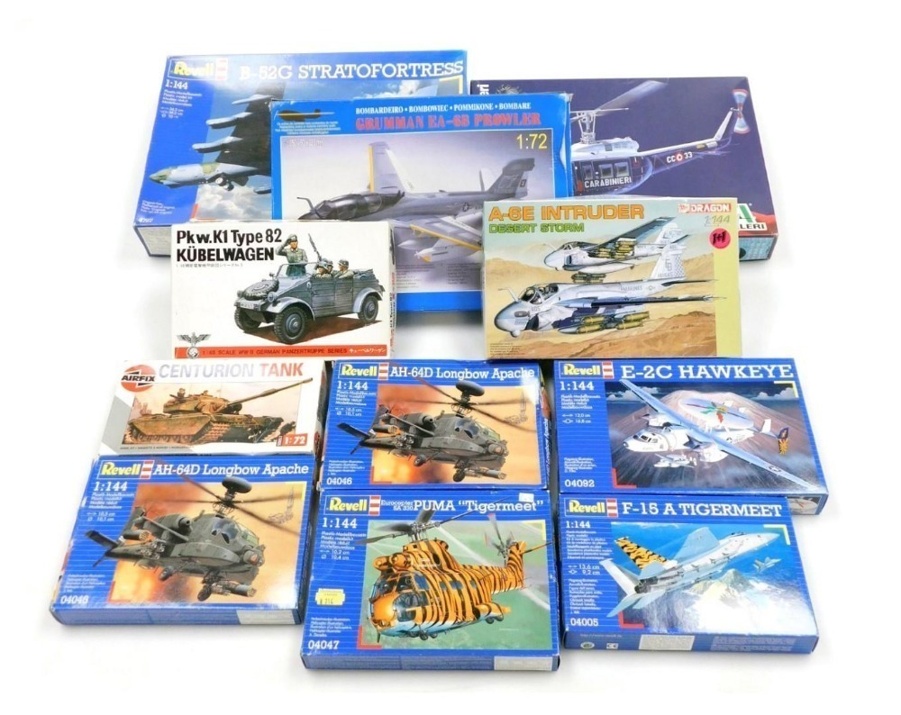 Airfix Revell and other plastic kit models, various scales, boxed,  including a Eurocopter Puma Tigermeet , Centurion Tank, AB205 Arma Dei  Carabinieri helicopter and B52G Stratofortress. (a quantity)
