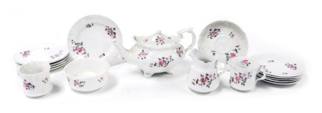 A Hammersley porcelain part tea service, decorated with rose floral sprays, comprising teapot, cream jug, sugar bowl, two tea cups, six saucers and tea plates.