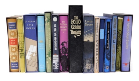 A group of Folio Society literature, all with slip cases, including The Father Brown Stories, Godden (Rumer) The Greengage Summer, Leigh Fermor (Patrick) A Time of Gifts, The Folio Golden Treasury, Short Stories, and Hardy (Thomas) The Wessex Tales. (15)