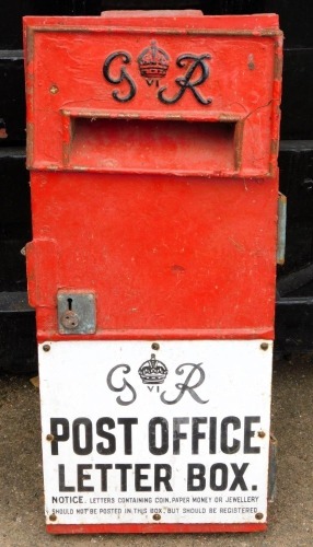 A George VI red painted cast iron Post Office letter box, with lot plate and sign below, with notice, 72cm x 37cm.