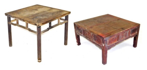 A Chinese hardwood square occasional table, with three frieze drawers, raised on square legs, 51cm high, 85cm wide, 85cm deep, and a further hardwood occasional table, raised on cylindrical legs, 62cm high, 79cm wide, 79cm deep. (2)