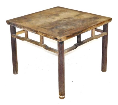 A Chinese hardwood square occasional table, with three frieze drawers, raised on square legs, 51cm high, 85cm wide, 85cm deep, and a further hardwood occasional table, raised on cylindrical legs, 62cm high, 79cm wide, 79cm deep. (2) - 2