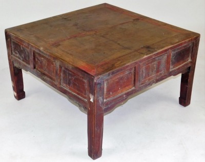 A Chinese hardwood square occasional table, with three frieze drawers, raised on square legs, 51cm high, 85cm wide, 85cm deep, and a further hardwood occasional table, raised on cylindrical legs, 62cm high, 79cm wide, 79cm deep. (2) - 3