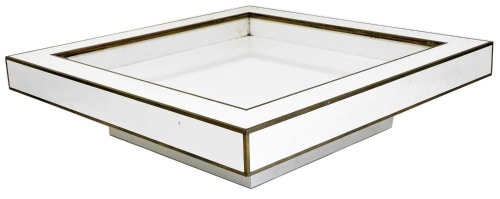 A late 20thC Continental white laminate and brass bound square coffee table, with central recess, glass lacking, 30cm high, 120cm wide, 120cm deep.