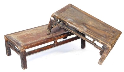 A Chinese elm rectangular occasional table, with a carved frieze raised on square legs, 27cm high, 77cm wide, 47cm deep, and a similar table, 27cm high, 89cm wide, 44cm deep.