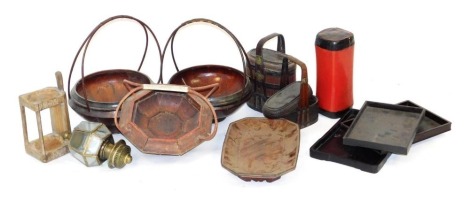 A group of Chinese food containers, dishes, rattan boxes, lacquer pillow, etc. (a quantity)