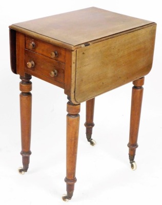 A late Georgian mahogany Pembroke table, with two frieze drawers, raised on turned legs, capped on castors, 72cm high, 51cm wide, 37cm deep, 77cm extended, a Georgian style mahogany and line inlaid fret work wall mirror, 64cm high, drop leaf occasional ta - 2