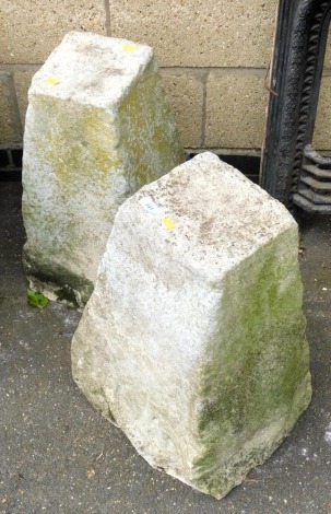 Two staddle bases, of tapering square form, 58cm and 55cm high respectively.