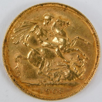 An Edward VII full gold sovereign, dated 1908, 8g. - 2