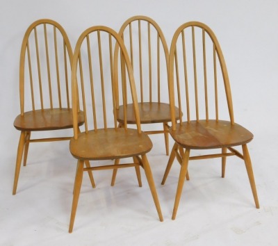 An Ercol drop leaf dining table, the circular top with rounded edge, raised on square tapering legs, 71cm high, 97cm wide, together with a set of four Ercol model 1381 dining chairs. (5) - 3