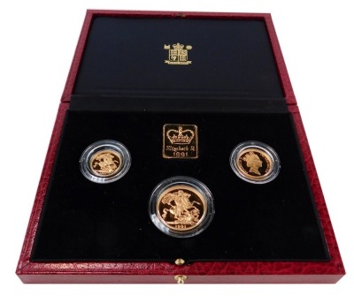 An Elizabeth II gold proof sovereign three coin set for 1991, comprising half sovereign, sovereign and double sovereign, minted by The Royal Mint, No 478, with certificate of authenticity, in presentation box.