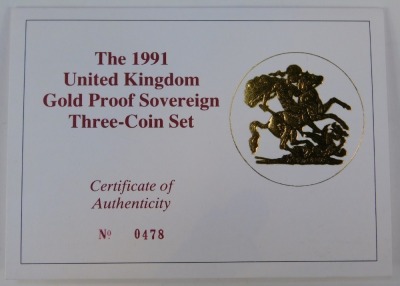 An Elizabeth II gold proof sovereign three coin set for 1991, comprising half sovereign, sovereign and double sovereign, minted by The Royal Mint, No 478, with certificate of authenticity, in presentation box. - 2