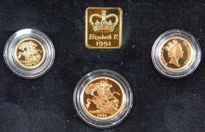 An Elizabeth II gold proof sovereign three coin set for 1991, comprising half sovereign, sovereign and double sovereign, minted by The Royal Mint, No 478, with certificate of authenticity, in presentation box. - 3